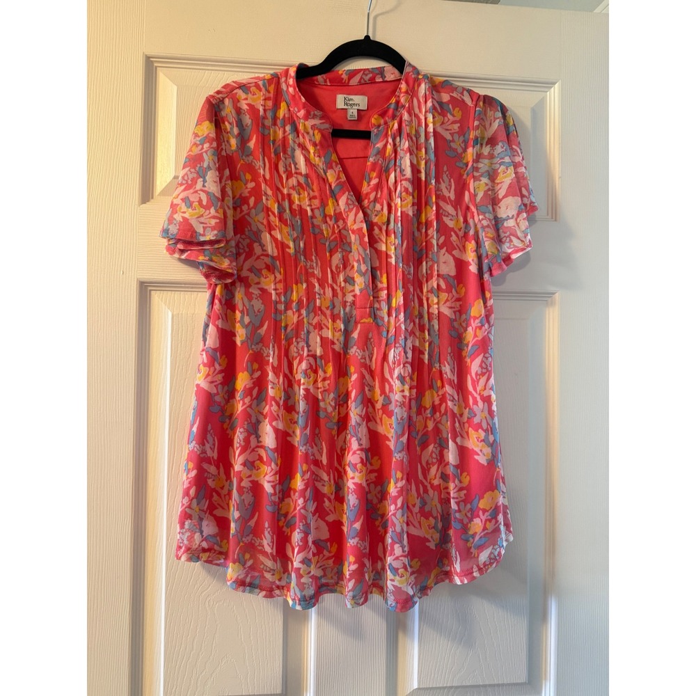 Kim Rogers Pink Floral Mesh Pleated Split Neck Blouse Flutter Sleeve Small